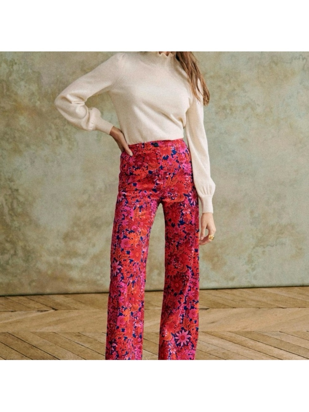 Sezane Floral Wide-Leg Pants in Magenta and Pink